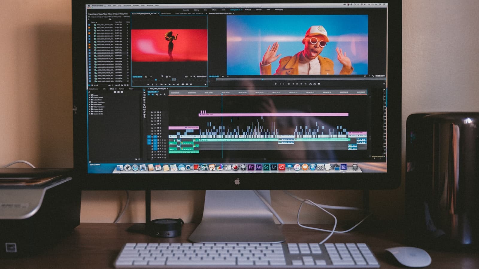 Video editing timeline open on a desktop computer in a home editing suite